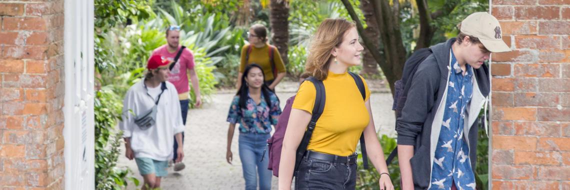 Students walking up steps 
