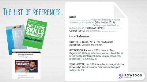 Still from video: citations point to list of references