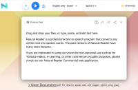 Screenshot showing text pasted in box to be read by Natural Reader Online. Controls displaying choices such as voice, speed, font size etc.